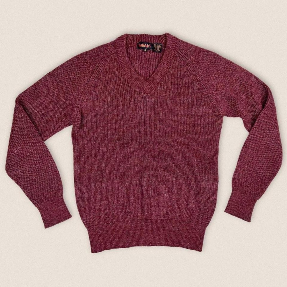 Vintage Grandpa Sweater v neck‎ Burgundy Acrylic blend Hallelujah - Size Small